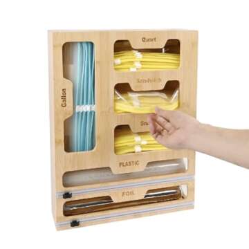 Generic Bag Storage Organizer for Kitchen Drawer, 6 in 1 Foil and Plastic Wrap Dispenser with Cutter, Bamboo Plastic Bag Food Baggie Organizer, brown, M-4hf01