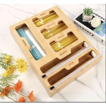 Generic Bag Storage Organizer for Kitchen Drawer, 6 in 1 Foil and Plastic Wrap Dispenser with Cutter, Bamboo Plastic Bag Food Baggie Organizer, brown, M-4hf01