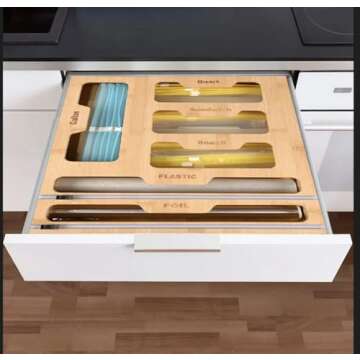 Generic Bag Storage Organizer for Kitchen Drawer, 6 in 1 Foil and Plastic Wrap Dispenser with Cutter, Bamboo Plastic Bag Food Baggie Organizer, brown, M-4hf01