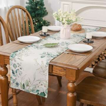 Siilues Spring Summer Table Runner, Spring Summer Decorations Off White Eucalyptus Leaves Green Tabl...