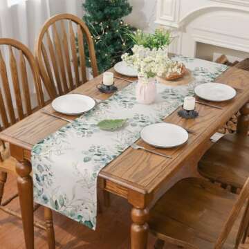 Siilues Spring Summer Table Runner, Spring Summer Decorations Off White Eucalyptus Leaves Green Table Runner Seasonal Summer Decor for Home Holiday Party Decor Dining Table Decoration (13" x 72")