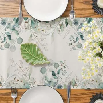 Siilues Spring Summer Table Runner, Spring Summer Decorations Off White Eucalyptus Leaves Green Table Runner Seasonal Summer Decor for Home Holiday Party Decor Dining Table Decoration (13" x 72")