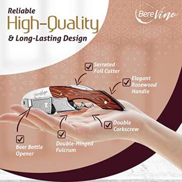 Bere Vino Professional Wine Opener with Foil Cutter | Manual Waiter Corkscrew, Wine Key for Servers and Bartenders | Stainless Steel Rosewood Wine Bottle Opener with Can/Bottle Opener for Home