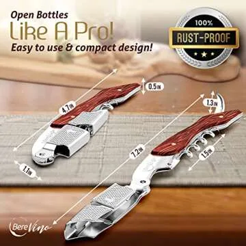 Bere Vino Professional Wine Opener with Foil Cutter | Manual Waiter Corkscrew, Wine Key for Servers and Bartenders | Stainless Steel Rosewood Wine Bottle Opener with Can/Bottle Opener for Home