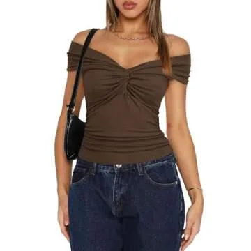 Darong Cap Sleeve Crop Tank Tops for Women Summer Off The Shoulder Neck Tank Top 2024 Casual Outfit 9058 Khaki M