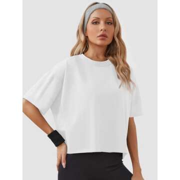 Women's Oversize Workout Crop Tops Casual Short Sleeve Drop Shoulder Boxy T-Shirts Roll Hem Basic Loose Yoga Running Tees White
