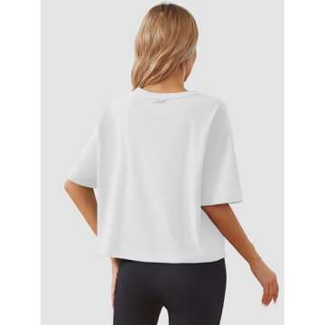 Women's Oversize Workout Crop Tops Casual Short Sleeve Drop Shoulder Boxy T-Shirts Roll Hem Basic Loose Yoga Running Tees White