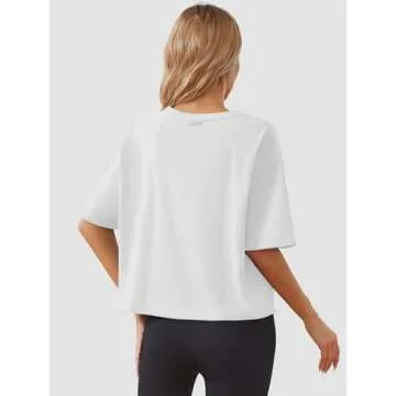 Women's Oversize Workout Crop Tops Casual Short Sleeve Drop Shoulder Boxy T-Shirts Roll Hem Basic Loose Yoga Running Tees White