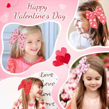 7 PCS Christmas Hair Bows for Girls, 4.5 Inch Red Girls Bows Toddler Bows Clips with Christmas Tree Santa Claus Snowman Pattern Hair Accessories for Girls Toddlers Kids Party Decoration (Valentines B)