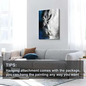 Large Abstract Canvas Wall Art Modern Graffiti Art Paintings Blue and Grey Paint a Storm Scene on White Background Framed Artwork Pictures for Living Room Bedroom Wall Decor 36x24in