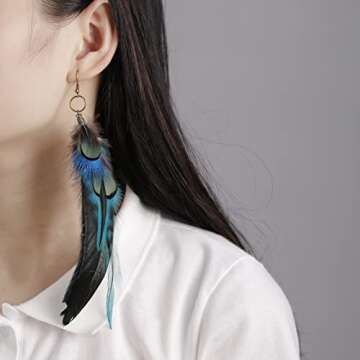 RUOFFETA Long Feather Earrings for Women, Boho Bohemian Earrings Multicolor Tassel Handmade Feather ...