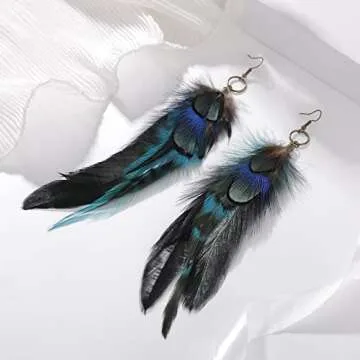 RUOFFETA Long Feather Earrings for Women, Boho Bohemian Earrings Multicolor Tassel Handmade Feather Earrings for Women Dangling(Style L)