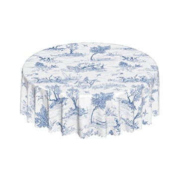 Blue and White Rustic Round Tablecloth 60 Inch, French Village Printed Table Cloth Stain Resistant W...