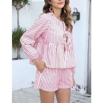 Bankeng Women Y2K Tie Front 2 Piece Shorts Set Plaid Long Puff Sleeve Peplum Top Summer Cute Lounge Sets（Pink,L