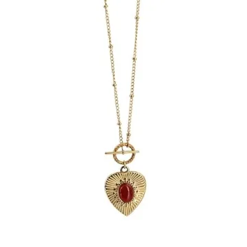 UniLogue Retro Vintage Radial Heart Necklace with Red Agate Pendant