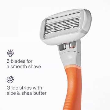 Flamingo Razors for Women, 1 Women's Razor Handle (Papaya), 4 Razor Five-Blade Refills, and 1 Shower Holder