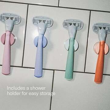 Flamingo Razors for Women, 1 Women's Razor Handle (Papaya), 4 Razor Five-Blade Refills, and 1 Shower Holder