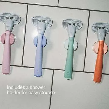 Flamingo Razors for Women, 1 Women's Razor Handle (Papaya), 4 Razor Five-Blade Refills, and 1 Shower Holder