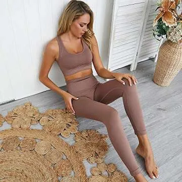 Hotexy Workout Set for Women 2 Pieces Outfits Seamless Yoga Leggings with Racer Back Sports Bra Gym Sets Matching Sets Brown