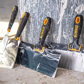 DEWALT Stainless Steel Taping Knife & Mud Pan Set | 8,10,12 Inch Taping Knives, 14 Inch Mud Pan, Bonus 6" Soft Grip Putty Knife | Soft Grip Handles | Sheetrock Gyprock Plasterboard | DXTT-3-174