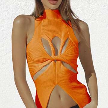 Women Strapless Crop Top Sexy Hollow Out Twist Front Knitted Tank Tops Sleeveless Y2K High Neck Cut Out Sweater Vest Orange