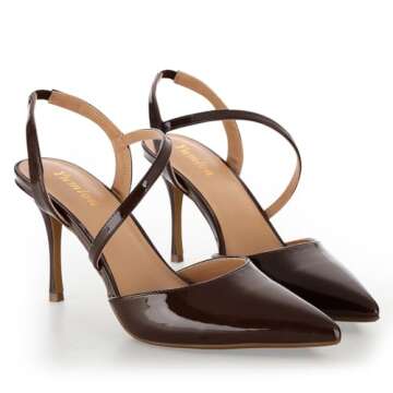Yumlon Closed Toe Slingback Heels Wedding High Stiletto Heel for Women 3.3 Inch Ankle Strap Pointed Toe Pumps Prom Dress Bride Shoes for Dinner Party Sexy Glossy Brown
