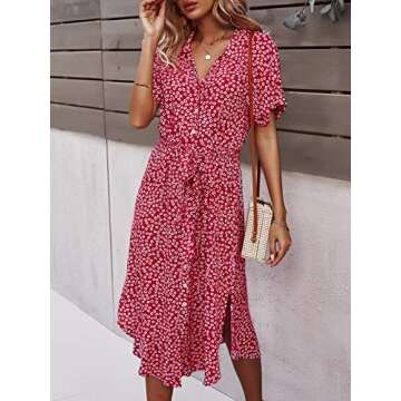 SHIBEVER Women's Floral Button Up Split Dresses V Neck Short Sleeve Casual Front Tie Summer Midi Dre...