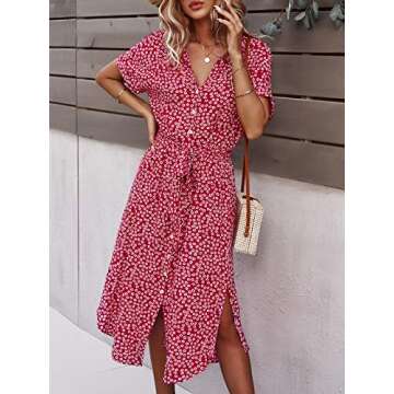 SHIBEVER Women's Floral Button Up Split Dresses V Neck Short Sleeve Casual Front Tie Summer Midi Dress Red M