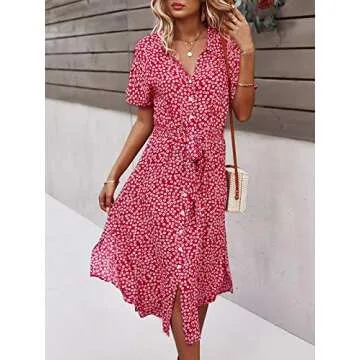 SHIBEVER Women's Floral Button Up Split Dresses V Neck Short Sleeve Casual Front Tie Summer Midi Dress Red M
