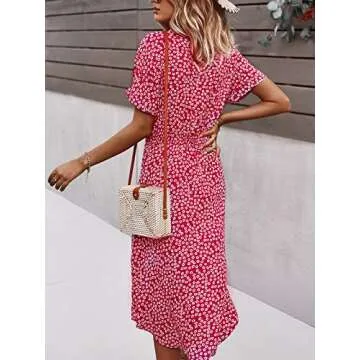 SHIBEVER Women's Floral Button Up Split Dresses V Neck Short Sleeve Casual Front Tie Summer Midi Dress Red M
