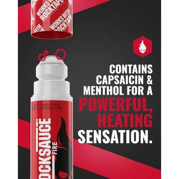 RockSauce Fire, 3 oz Roll-On - Easy to use Pain Relief Cream - Capsaicin & Menthol Formula Relieves Muscle & Joint Pain - Works w/ RockTape - No-Mess Applicator - Dye-Free, Won't Stain Clothes