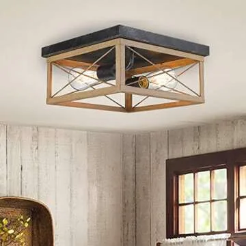 Odeums Antique Flush Mount Lights, Farmhouse Flush Mount Ceiling Light Fixture, 2-Light Close to Ceiling Flush Mount Lighting Fixture in Wood Painted Finish