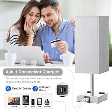【Upgraded】Bedside Table Lamp Touch Control, with USB C+A Charging Ports & Dual AC Outlets, 3-Way Nightstand Lamp for Bedroom with LampShade Living Room Office(LED Dimmable Bulb Included)