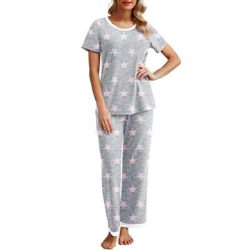 PrinStory Womens Pajama Sets 2025 Short Sleeve Pajama Sets for Women 2 Piece Lounge Set Ladies Soft Pjs FP-Pink Star-S