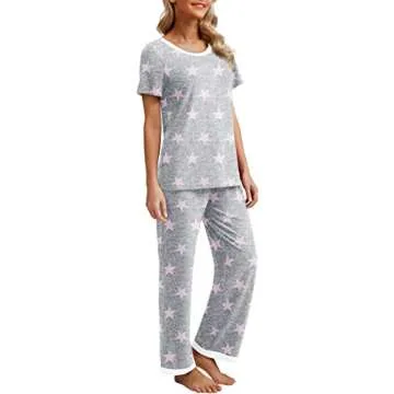 PrinStory Womens Pajama Sets 2025 Short Sleeve Pajama Sets for Women 2 Piece Lounge Set Ladies Soft Pjs FP-Pink Star-S