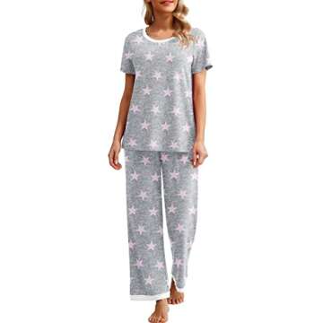 PrinStory Womens Pajama Sets 2025 Short Sleeve Pajama Sets for Women 2 Piece Lounge Set Ladies Soft Pjs FP-Pink Star-S