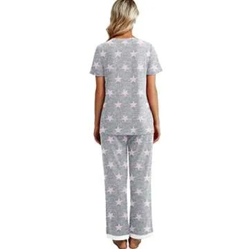 PrinStory Womens Pajama Sets 2025 Short Sleeve Pajama Sets for Women 2 Piece Lounge Set Ladies Soft Pjs FP-Pink Star-S