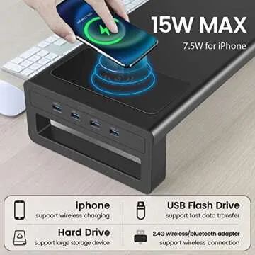 Vaydeer Wireless Charging and USB 3.0 Monitor Stand, Monitor Riser for Desk with Storage, Single She...