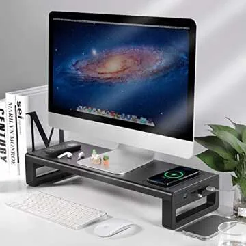 Vaydeer Wireless Charging and USB 3.0 Monitor Stand, Monitor Riser for Desk with Storage, Single Shelf Holder Raiser Organizer for Computer iMac Laptop PC Screen, Heavy Duty Gift Gaming Studio Office