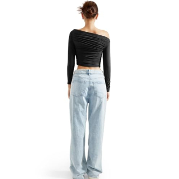 SUUKSESS Women Y2K Off Shoulder Crop Top Double Lined Stretchy