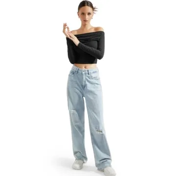 SUUKSESS Women Y2K Off Shoulder Crop Top Double Lined Stretchy