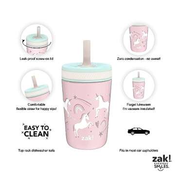 Zak Designs Kelso Toddler Cups For Travel or At Home, 12oz Vacuum Insulated Stainless Steel Sippy Cup With Leak-Proof Design is Perfect For Kids (Fanciful Unicorn)