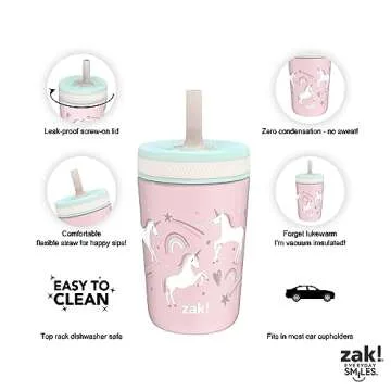 Zak Designs Kelso Toddler Cups For Travel or At Home, 12oz Vacuum Insulated Stainless Steel Sippy Cup With Leak-Proof Design is Perfect For Kids (Fanciful Unicorn)