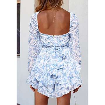 Fixmatti Women's Casual Boho Long Sleeve Romper Floral Printed Ruffle Chiffon Shorts Jumpsuit Playsuit Blue M