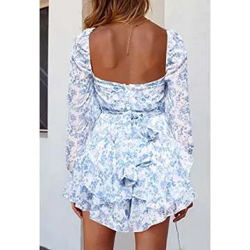 Fixmatti Women's Casual Boho Long Sleeve Romper Floral Printed Ruffle Chiffon Shorts Jumpsuit Playsuit Blue M