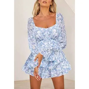 Fixmatti Women's Casual Boho Long Sleeve Romper Floral Printed Ruffle Chiffon Shorts Jumpsuit Playsuit Blue M