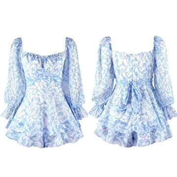 Fixmatti Women's Casual Boho Long Sleeve Romper Floral Printed Ruffle Chiffon Shorts Jumpsuit Playsuit Blue M