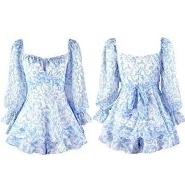 Fixmatti Women's Casual Boho Long Sleeve Romper Floral Printed Ruffle Chiffon Shorts Jumpsuit Playsuit Blue M