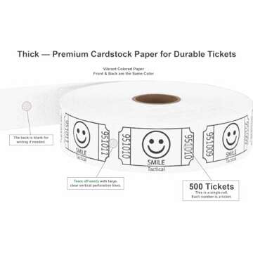 Tacticai 500 Raffle Tickets, Smile, White (8 Color Selection), Single Roll, Ticket for Events, Entry...