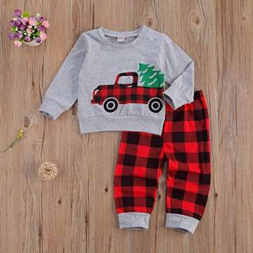 Arvbitana Toddler Baby Boy Girl Long Sleeve Cotton Plaid Pullover Sweatshirt+Trousers Two Piece Outf...